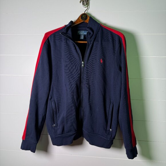 VTG Polo Ralph Lauren Men's Navy w/ Red Stripe Fleece Full Zip Up Sz Large - Picture 1 of 7